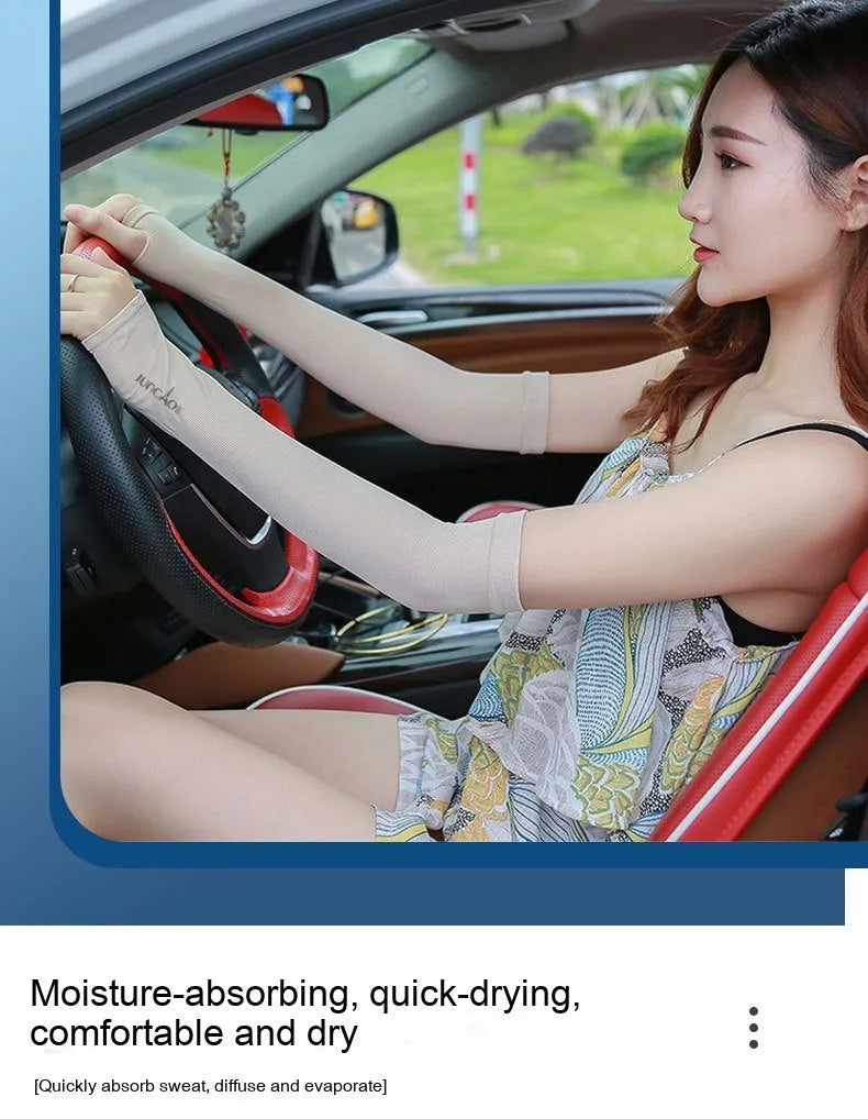 Open finger driving sun protection sleeves in five colours showing arm coverage design