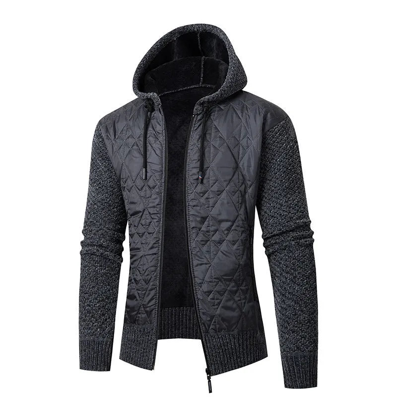 Men's grey corduroy hooded sweater coat with cinched waist and wool composition