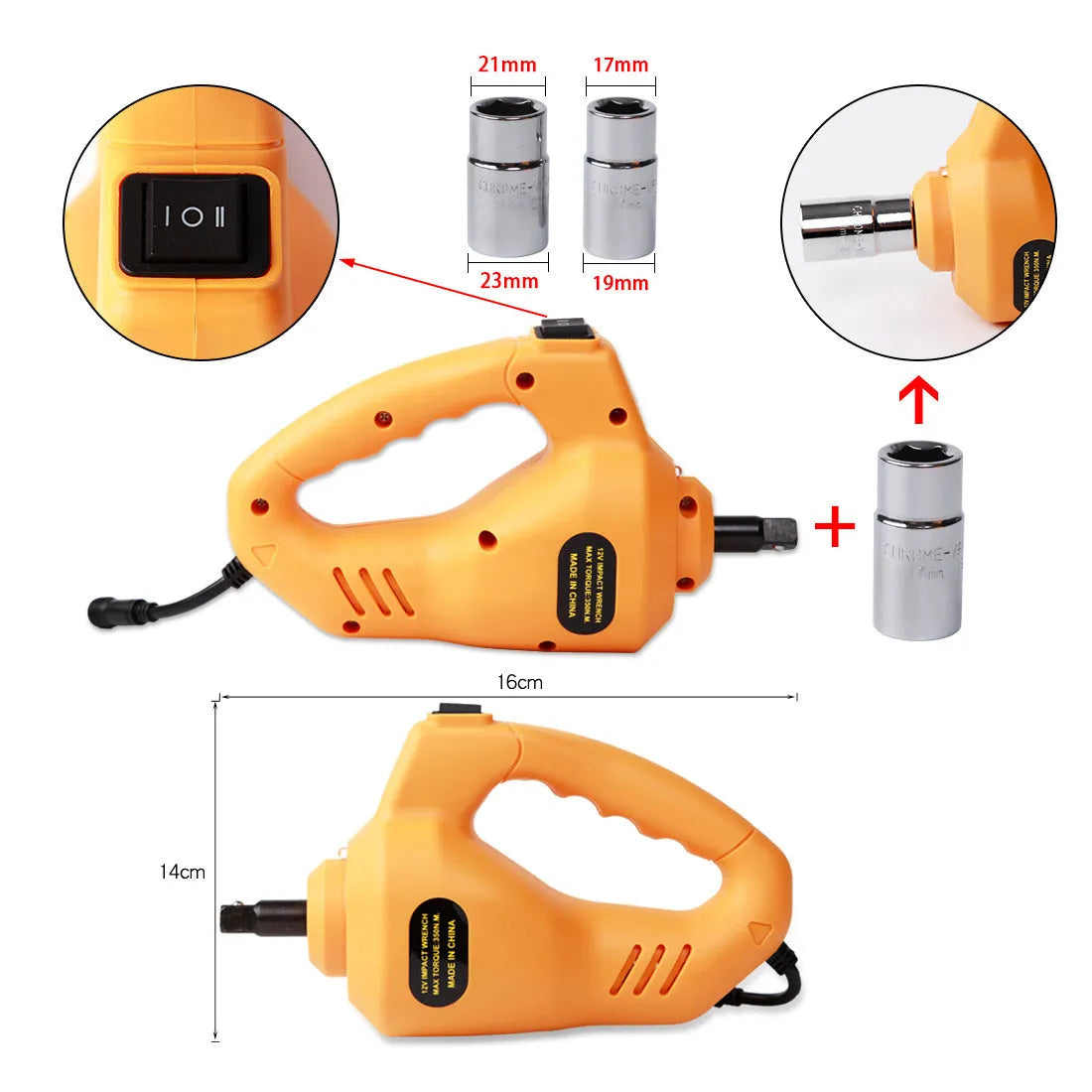 Yellow steel electric car jack and wrench set on a garage floor