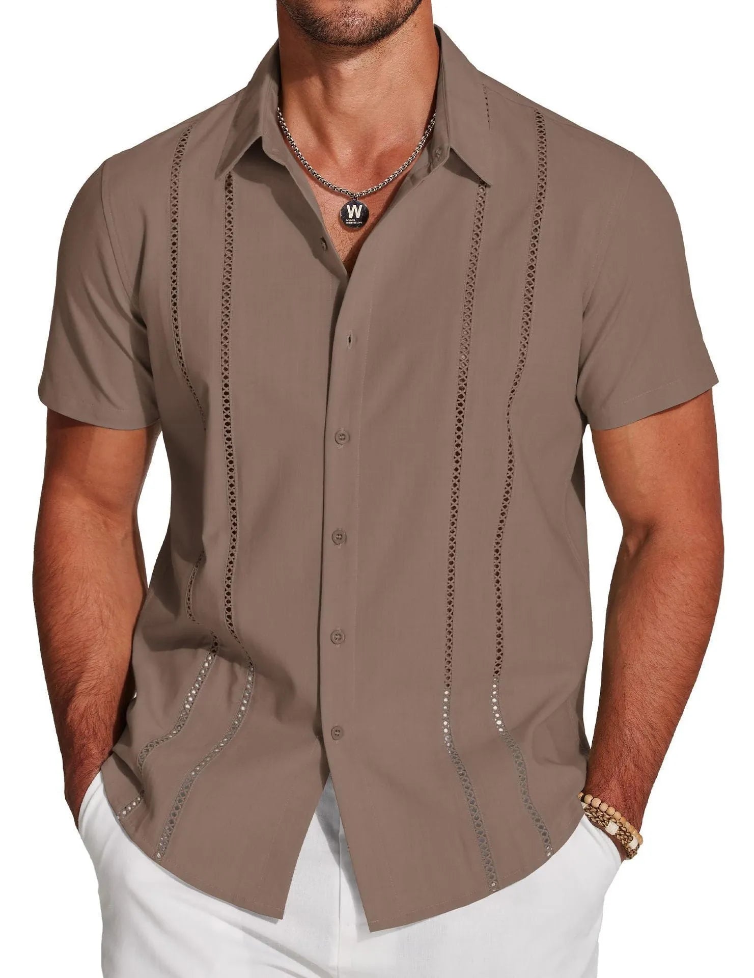 Men's slim fit Hawaiian shirt with digital printing and short sleeves