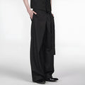Black women's straight-leg trousers with a single front pleat and adjustable waistband.