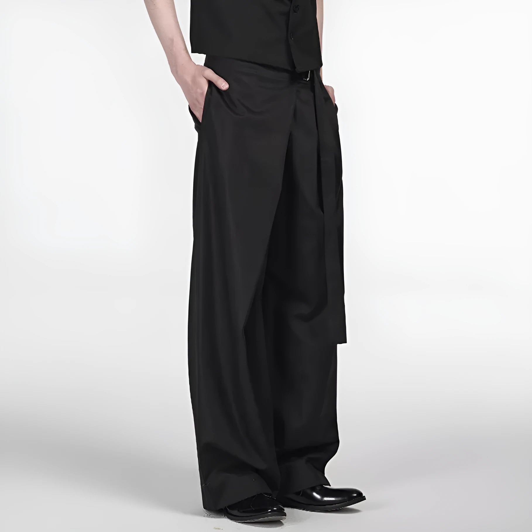Black women's straight-leg trousers with a single front pleat and adjustable waistband.