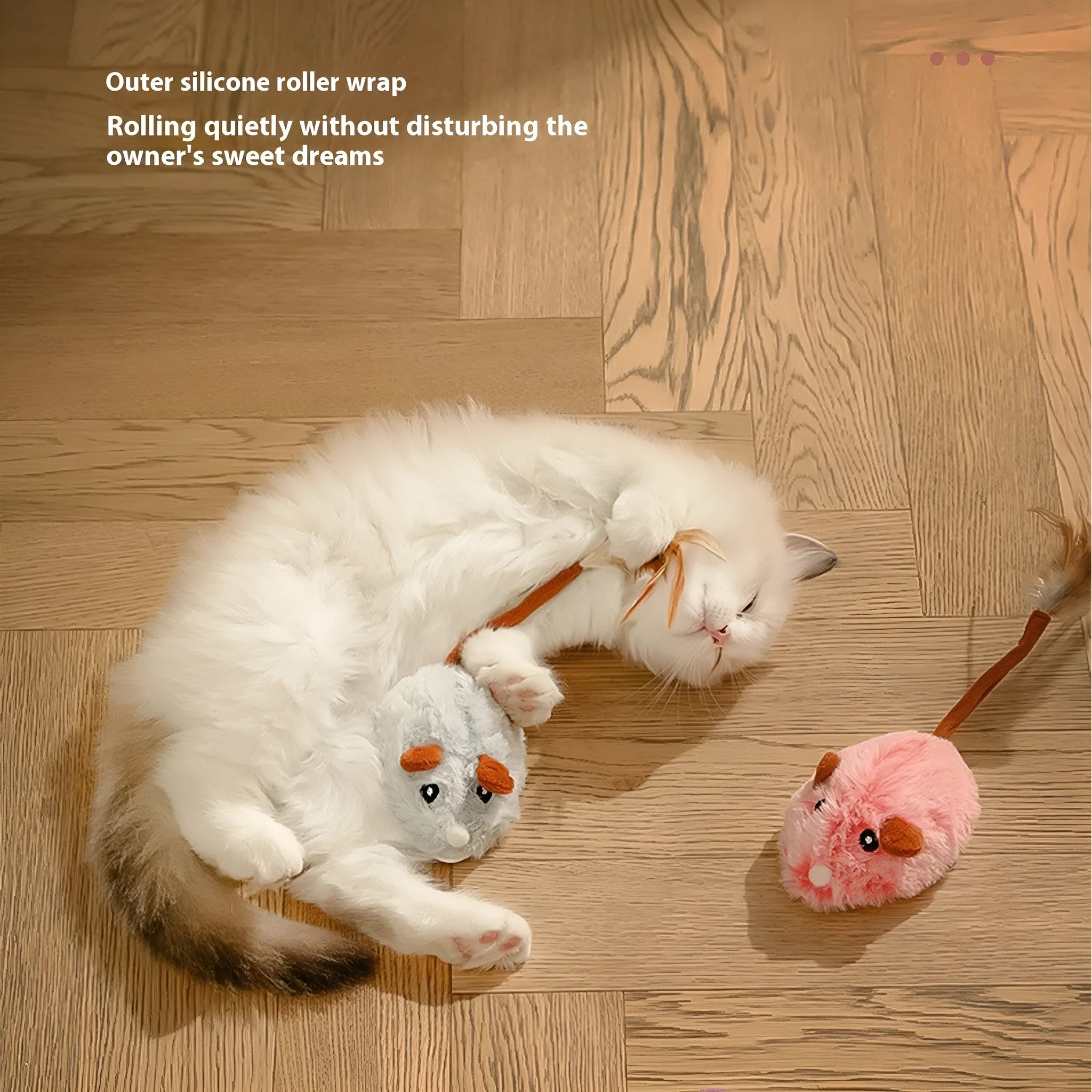 Electric cat pole toy with plush mouse in pink, purple or dark grey colours