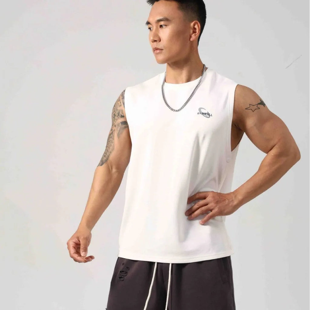 Korean style men's loose cotton fitness vest with hidden hook fastening on the sides