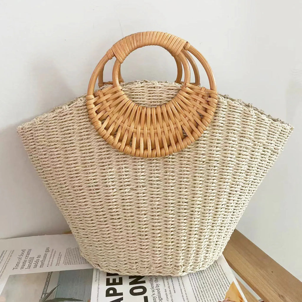 Women's straw weave beach resort bag open top satchel 44cm camel colour retro style