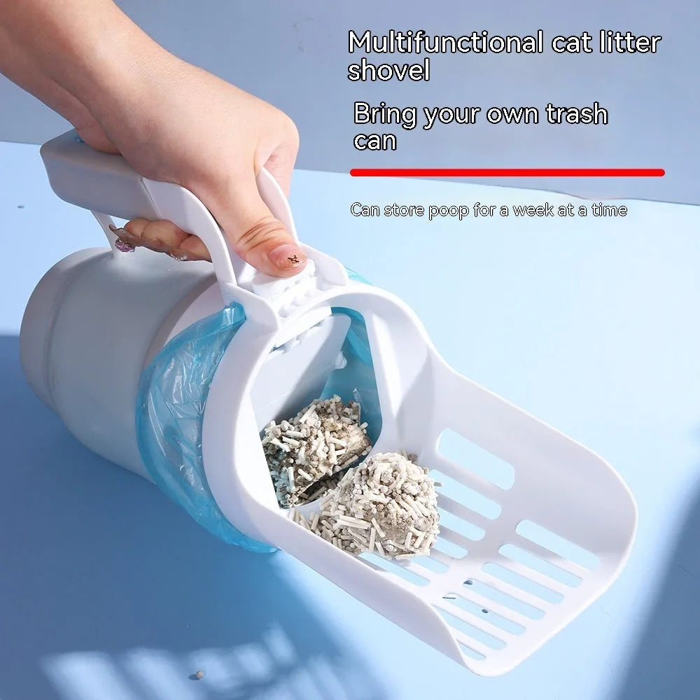 Grey, blue, and green self-cleaning cat litter scoop with attached waste collection bin in folded and unfolded positions