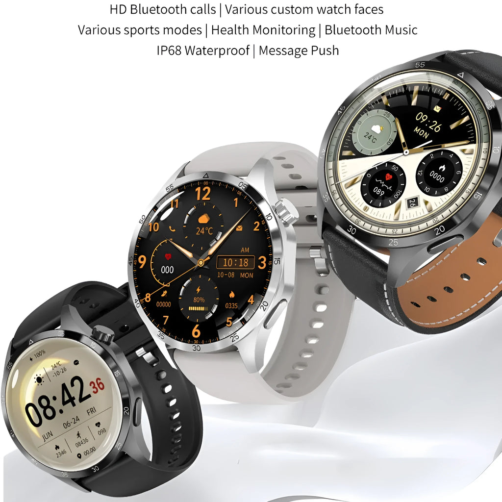 Black Bluetooth smartwatch with TFT touch screen shown with silicone and Milan net strap options.