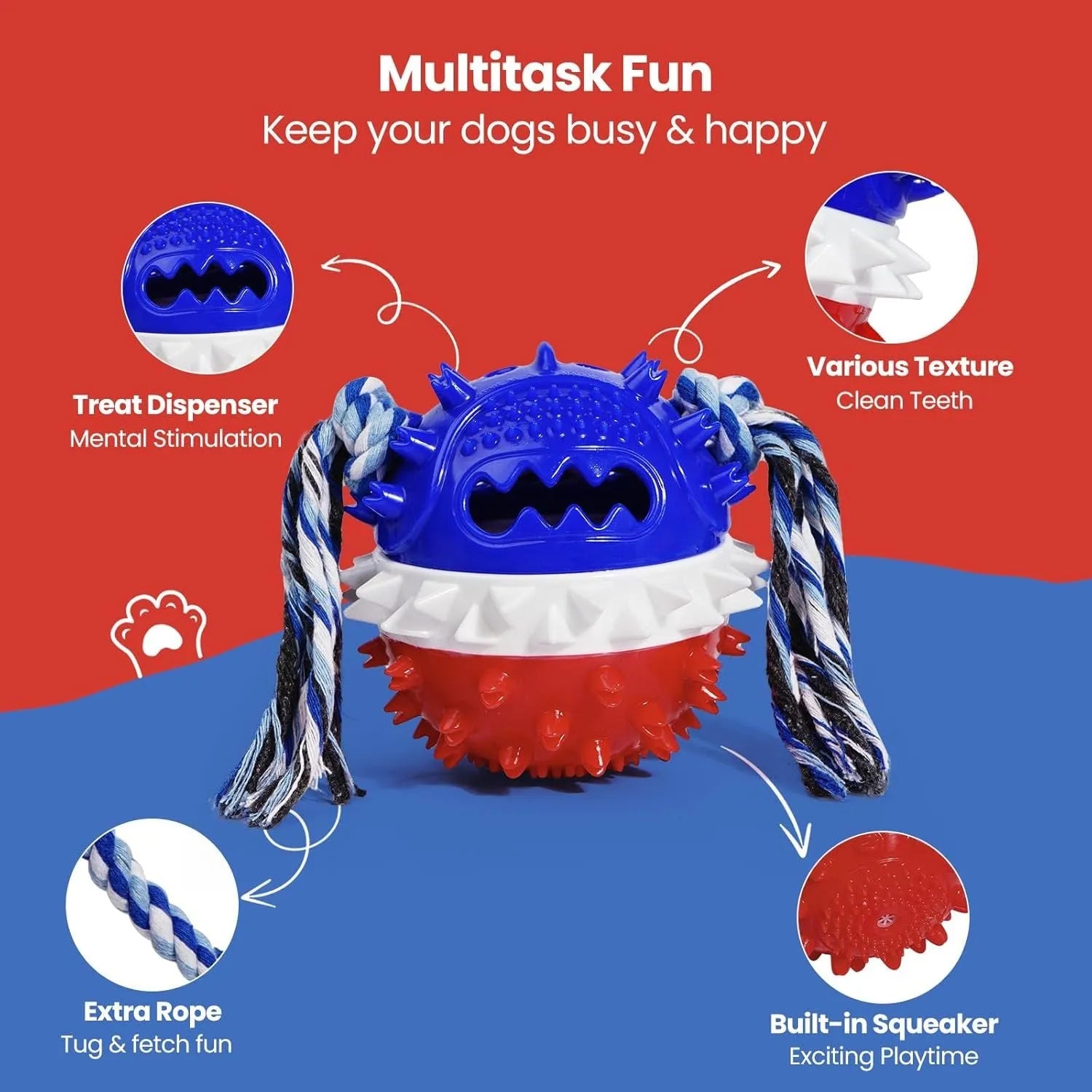 Blue and red TPR rubber squeaky dog ball toy with treat dispenser hole, for large aggressive chewers.