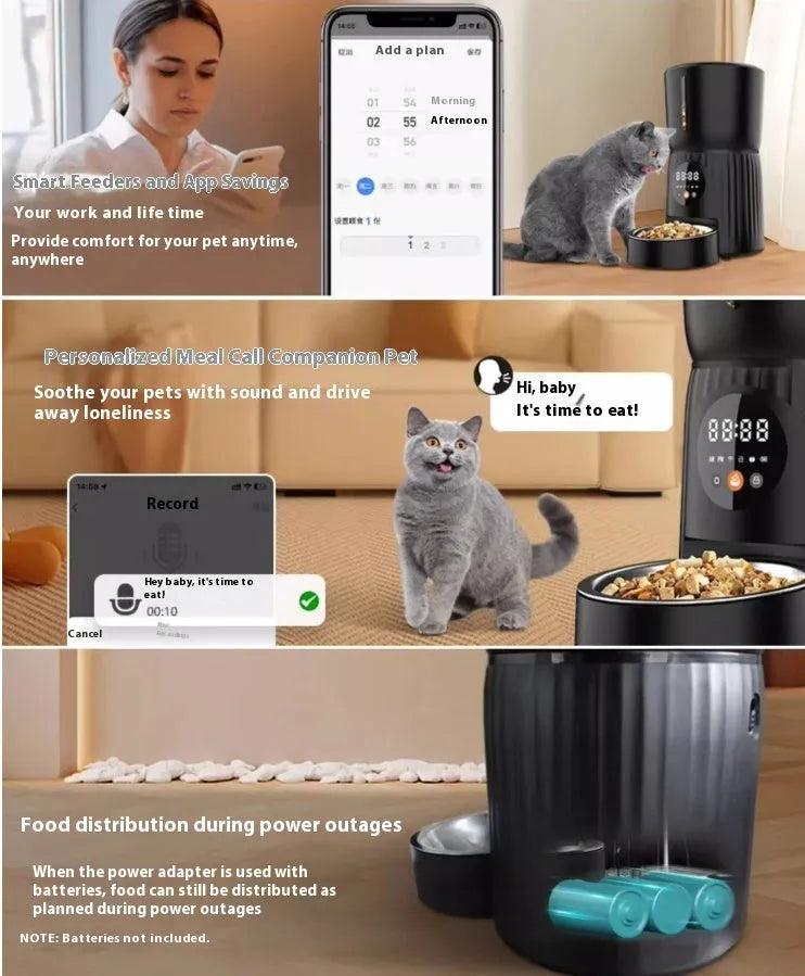 Black and white automatic pet feeder with digital display and food chamber for timed portion control
