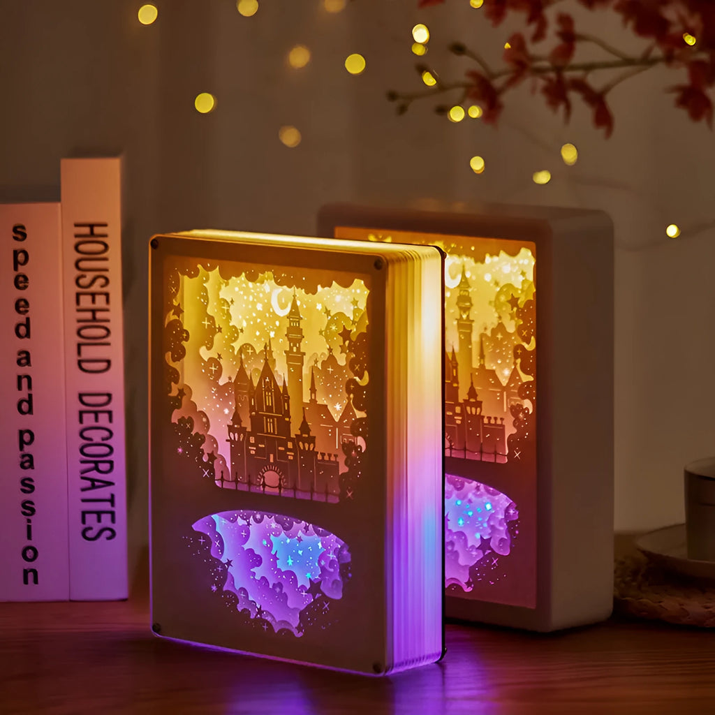 Three-dimensional paper carving bedside night light with ABS frame and USB connection