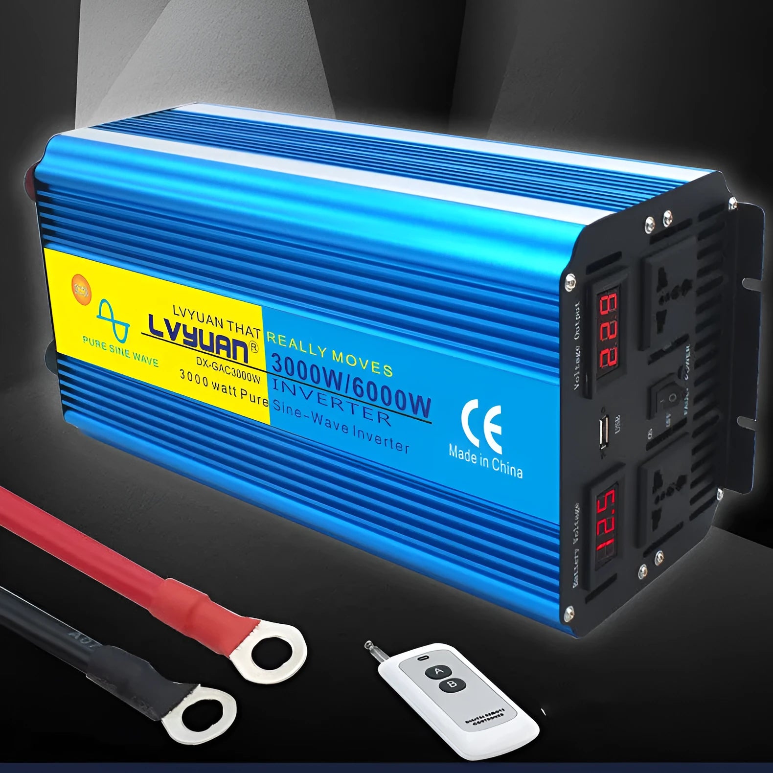 Blue high-power pure sine wave car inverter with digital display and remote control.