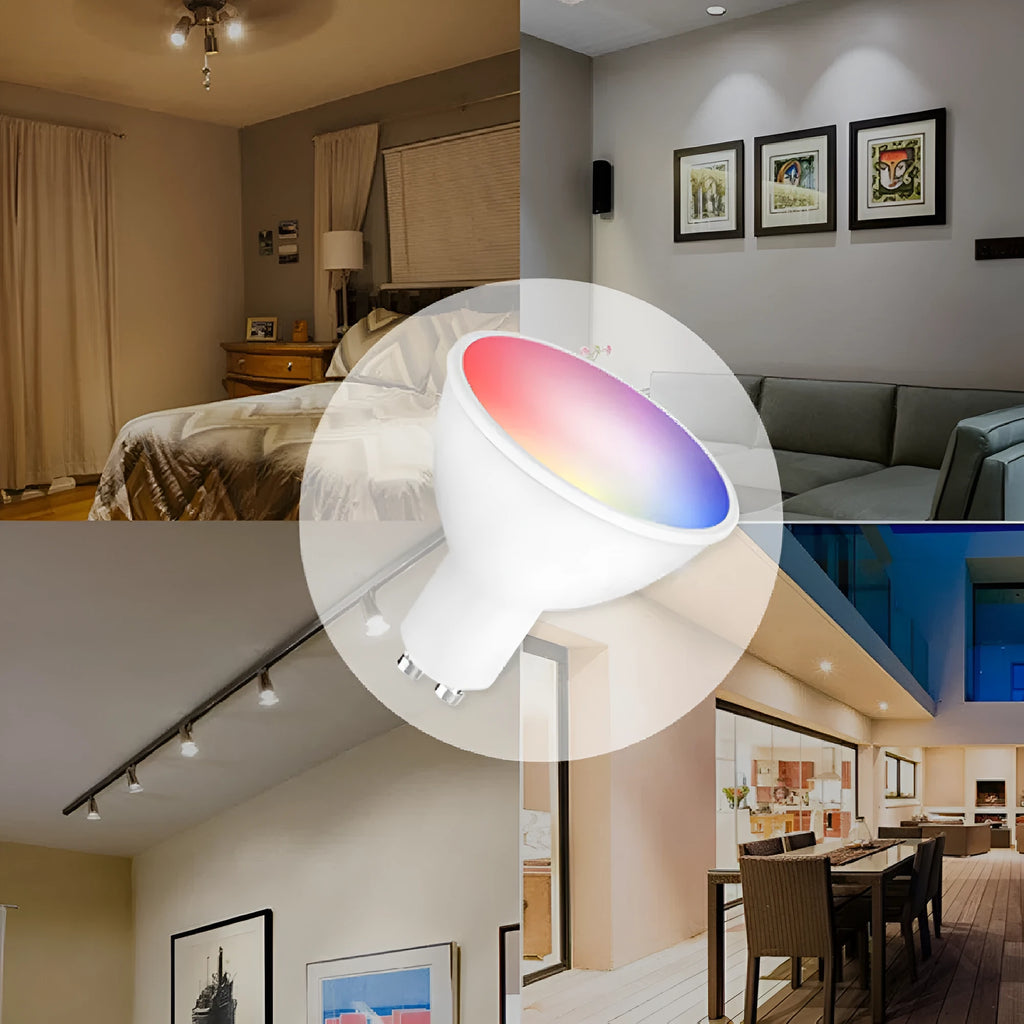 Smart WiFi GU10 RGBCCT LED spotlight with voice control, 5W, 50x55mm.