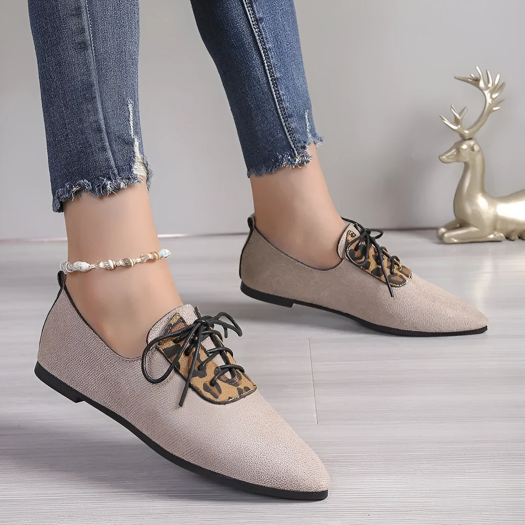 Beige leopard print pointed toe pumps for women in plus sizes with artificial PU upper and rubber sole