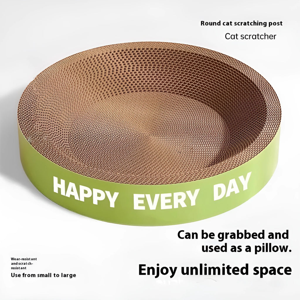 Green round cat scratching board nest showing integrated scratching surface