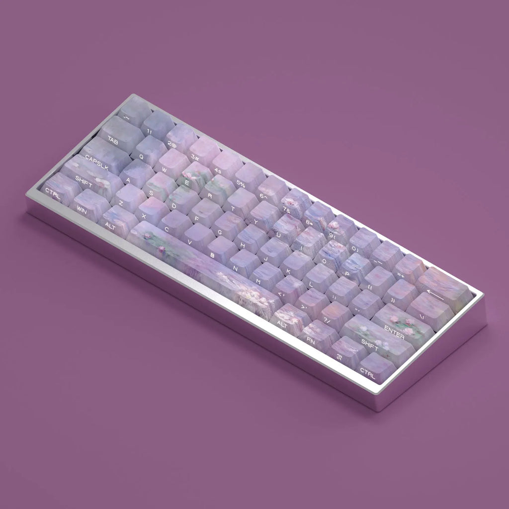 Wenshao Sleeping Lotus PBT keycap set with side-carved transparent legends, 130 keys for mechanical keyboards.
