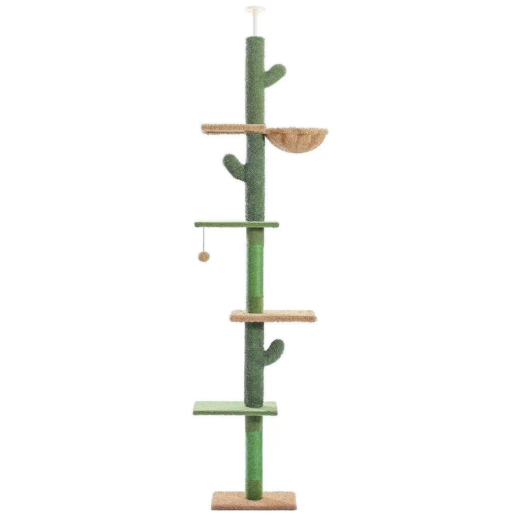 Tall solid wood cat climbing frame with integrated scratch board and a cosy cat nest.