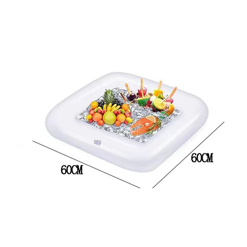 Inflatable PVC ice bar set for parties with yellow beer bucket and silver grey cup holders.