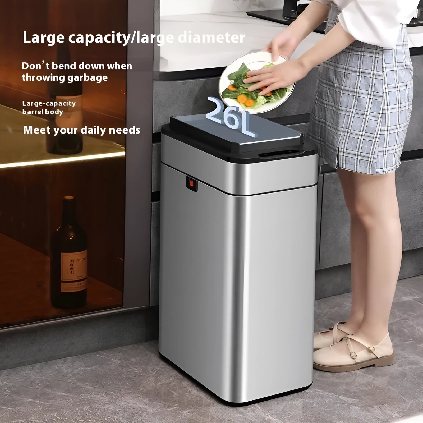 Stainless steel smart trash can with inductive ashbin technology and square bucket design