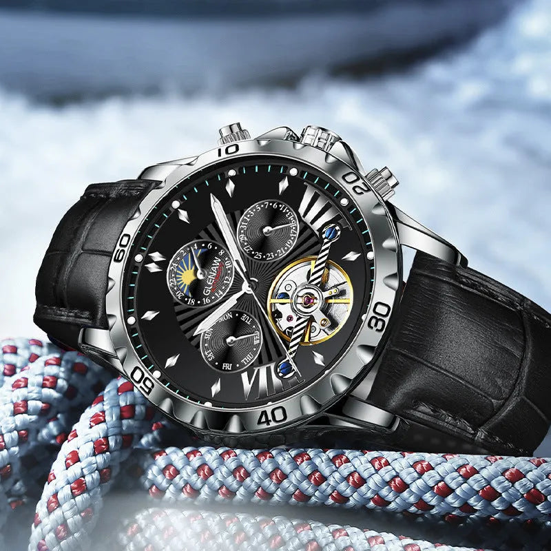 Men's automatic mechanical watch with hollowed-out skeleton dial, silver case, green circle, black leather strap