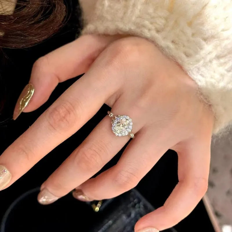 Silver geometric bridal bouquet ring with diamond treatment and adjustable opening