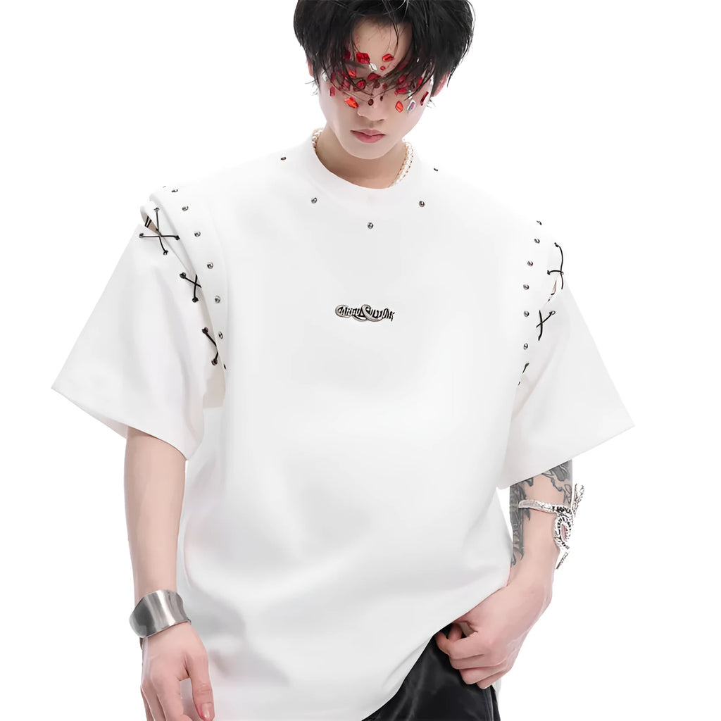 Black short sleeve t-shirt with a vertical lace-up cutout detail on the front.
