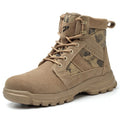 Khaki suede high-top combat boots with steel toe caps and lace-up closure for outdoor protection