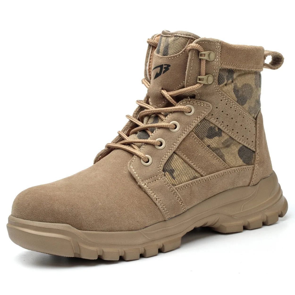 Khaki suede high-top combat boots with steel toe caps and lace-up closure for outdoor protection