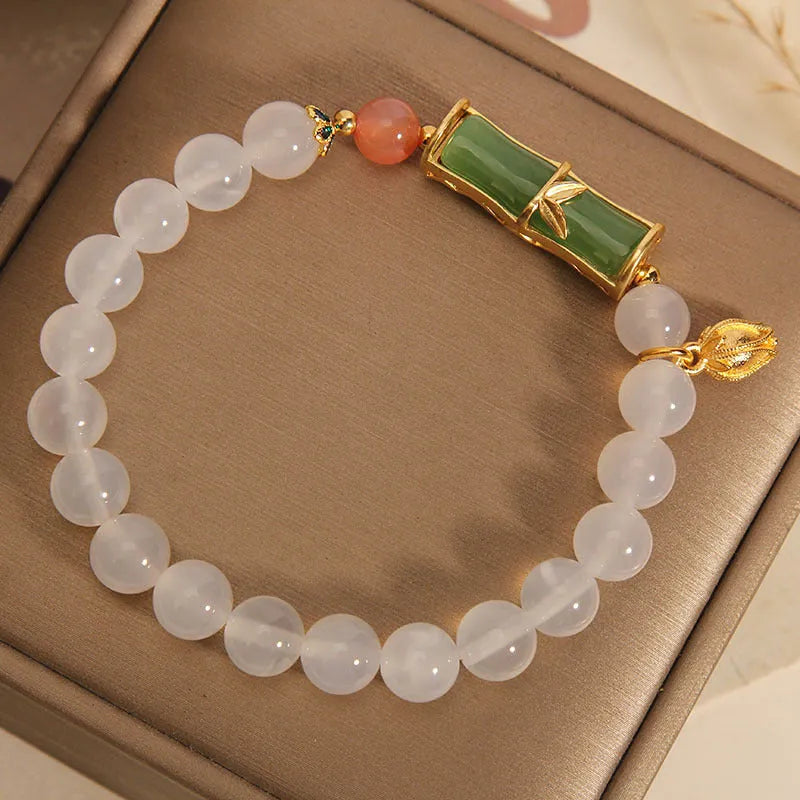 Women's white agate and jade bamboo joint bracelet with natural stone finish