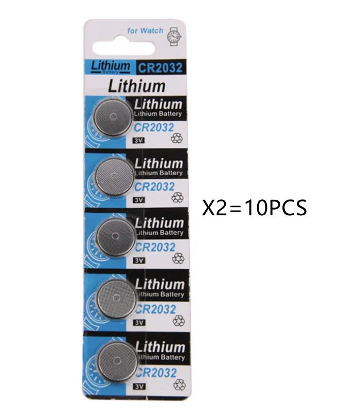 Pack of ten CR2032 3V lithium button coin cell batteries on a card.