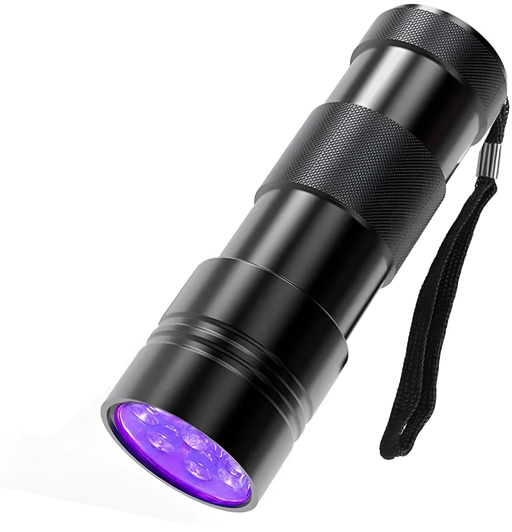 Black or silver aluminium alloy handheld UV flashlight torch with purple light wavelength for detection.