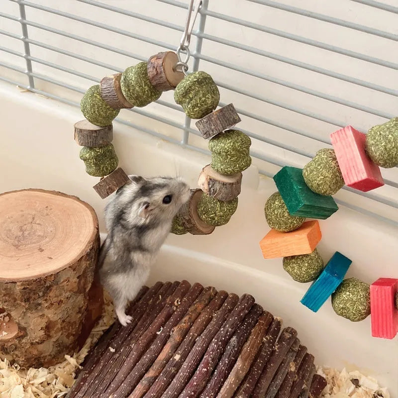 Hamster decorative toy with straw ball ring and applewood chewing rod for guinea pigs and rabbits