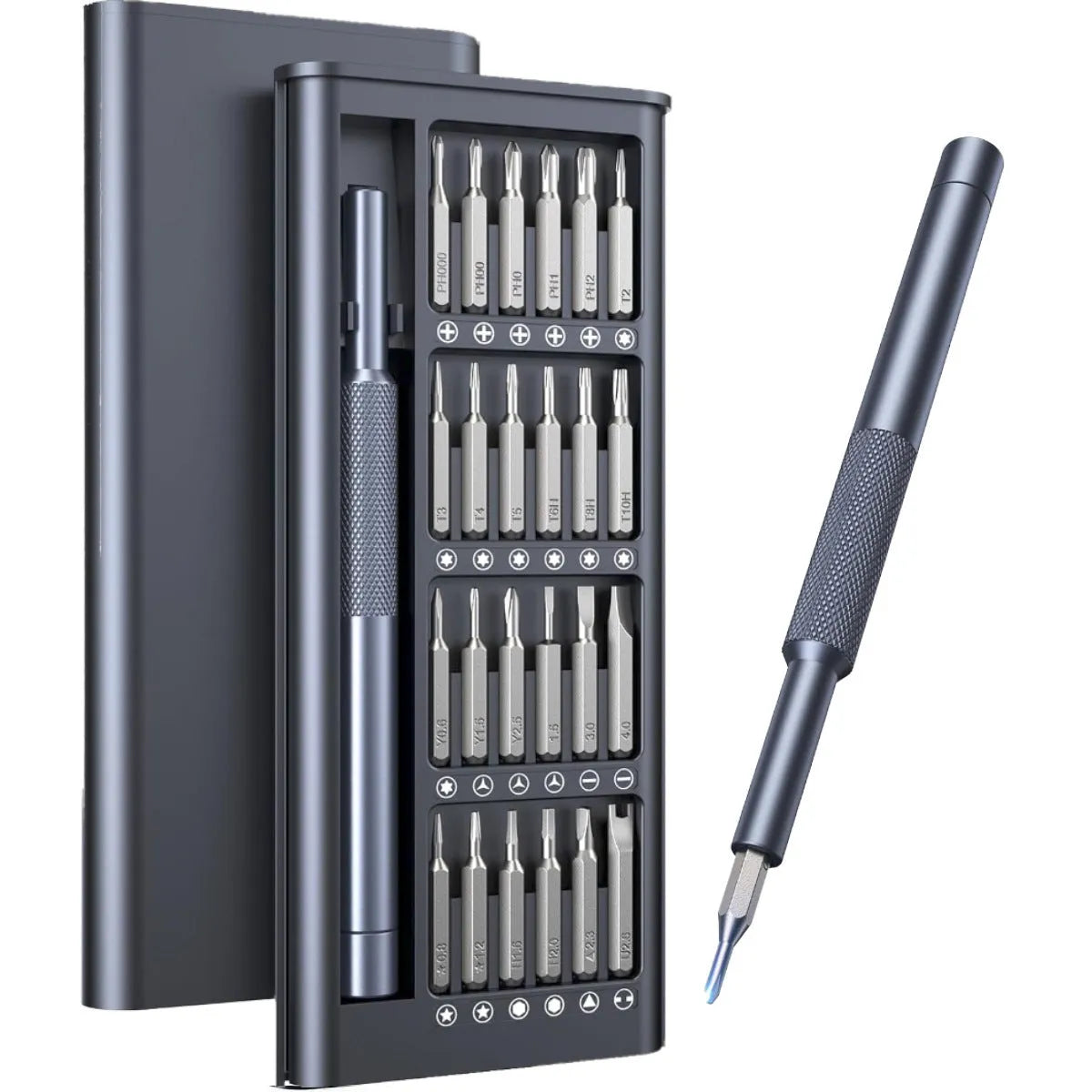 25-in-one magnetic precision screwdriver set with knurled ABS handle and chrome vanadium steel bits.