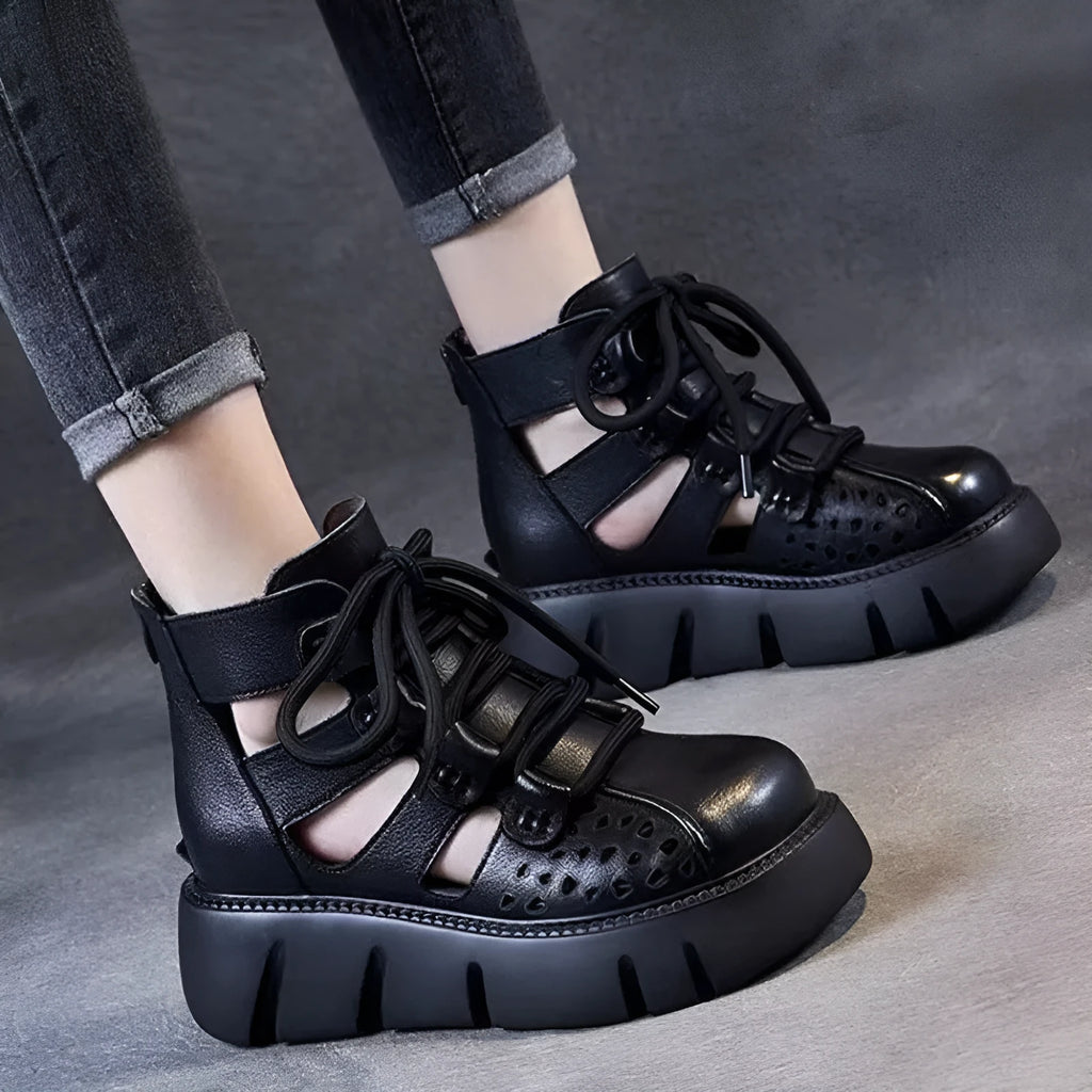 Women's black platform sandals with hollow hole design and fish mouth toe