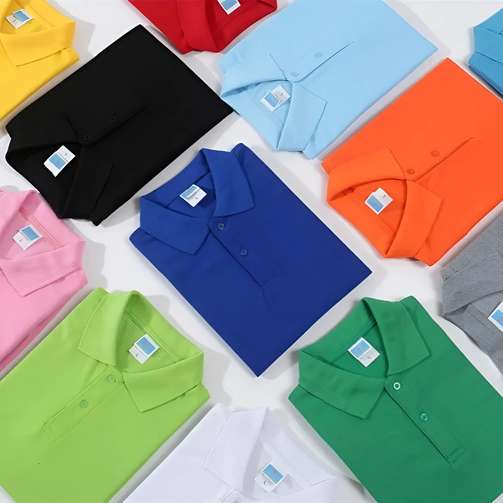 Short-sleeved cotton advertising shirt on a hanger, shown in a solid colour, suitable for custom embroidery.