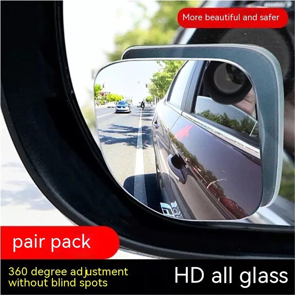 White fan-shaped car blind spot mirror with 360-degree adjustment on universal mounting bracket