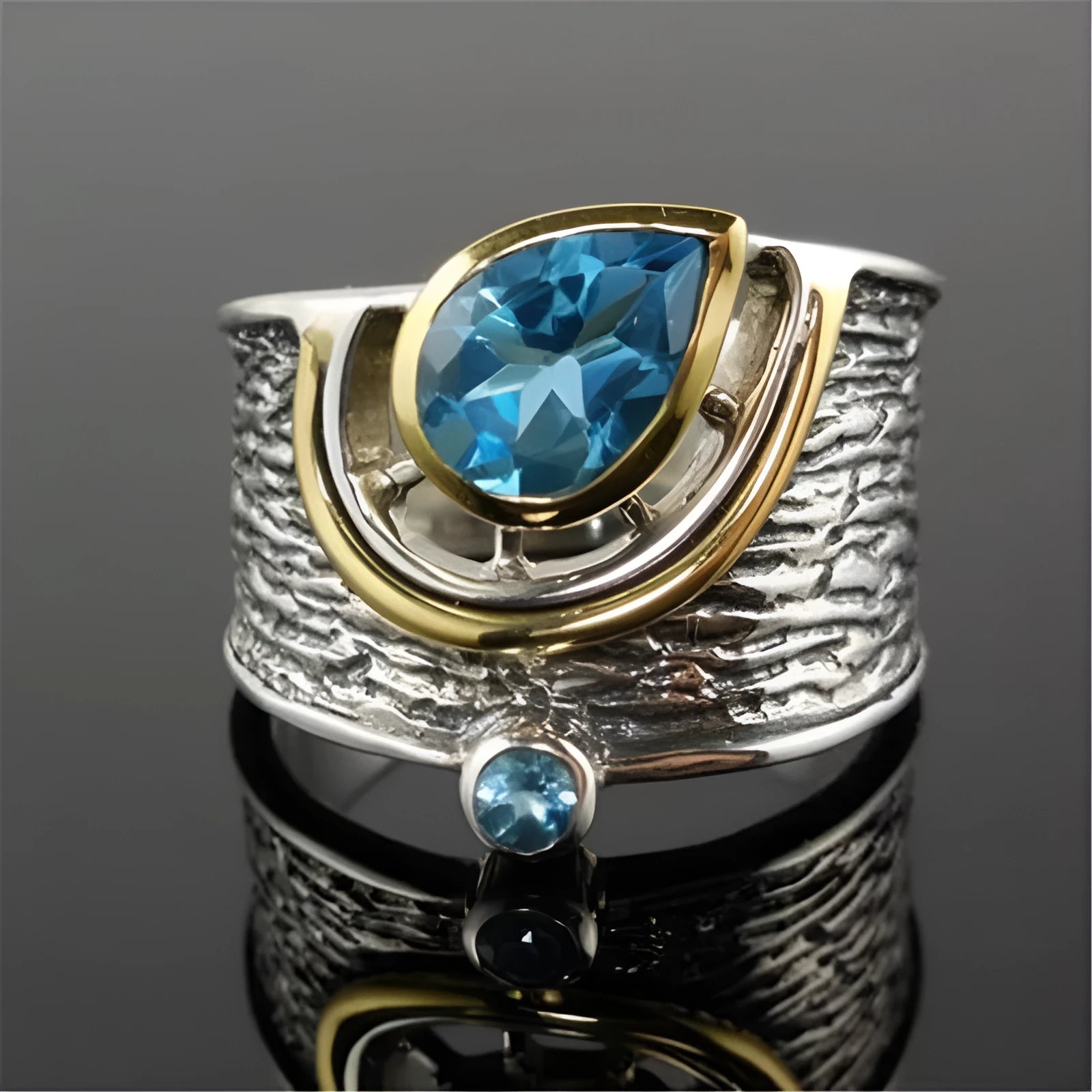 Blue zircon drop-shape Chinese style ring with inlaid rhinestones on alloy band