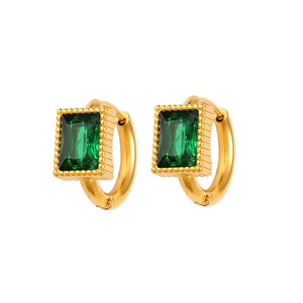 Square geometric zircon stainless steel earrings in white, black or green colour options