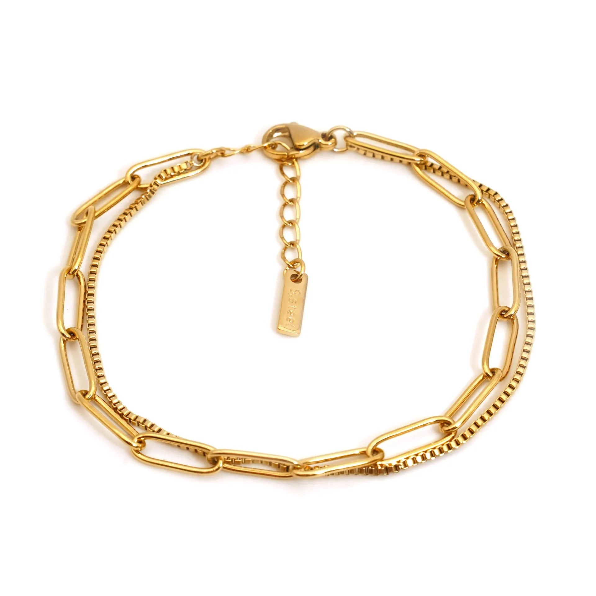 Double layer twin titanium steel women's bracelet with geometric design in gold or silver finish