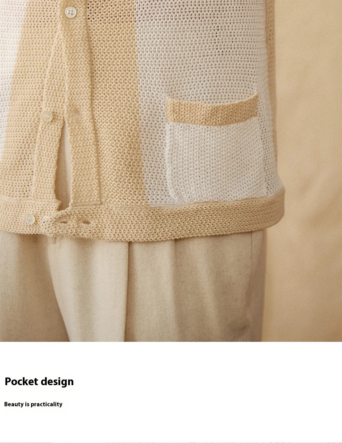 Hollow knit cotton linen blend lapel cardigan in beige colour with short sleeves