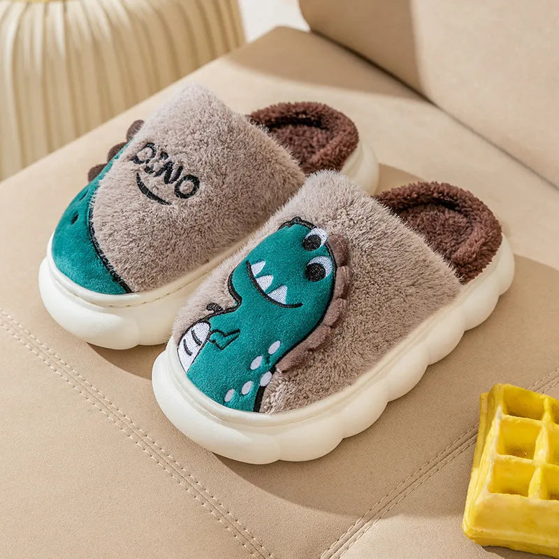 Cotton plush dinosaur couple slippers in grey, coffee and orange colours with thickened construction