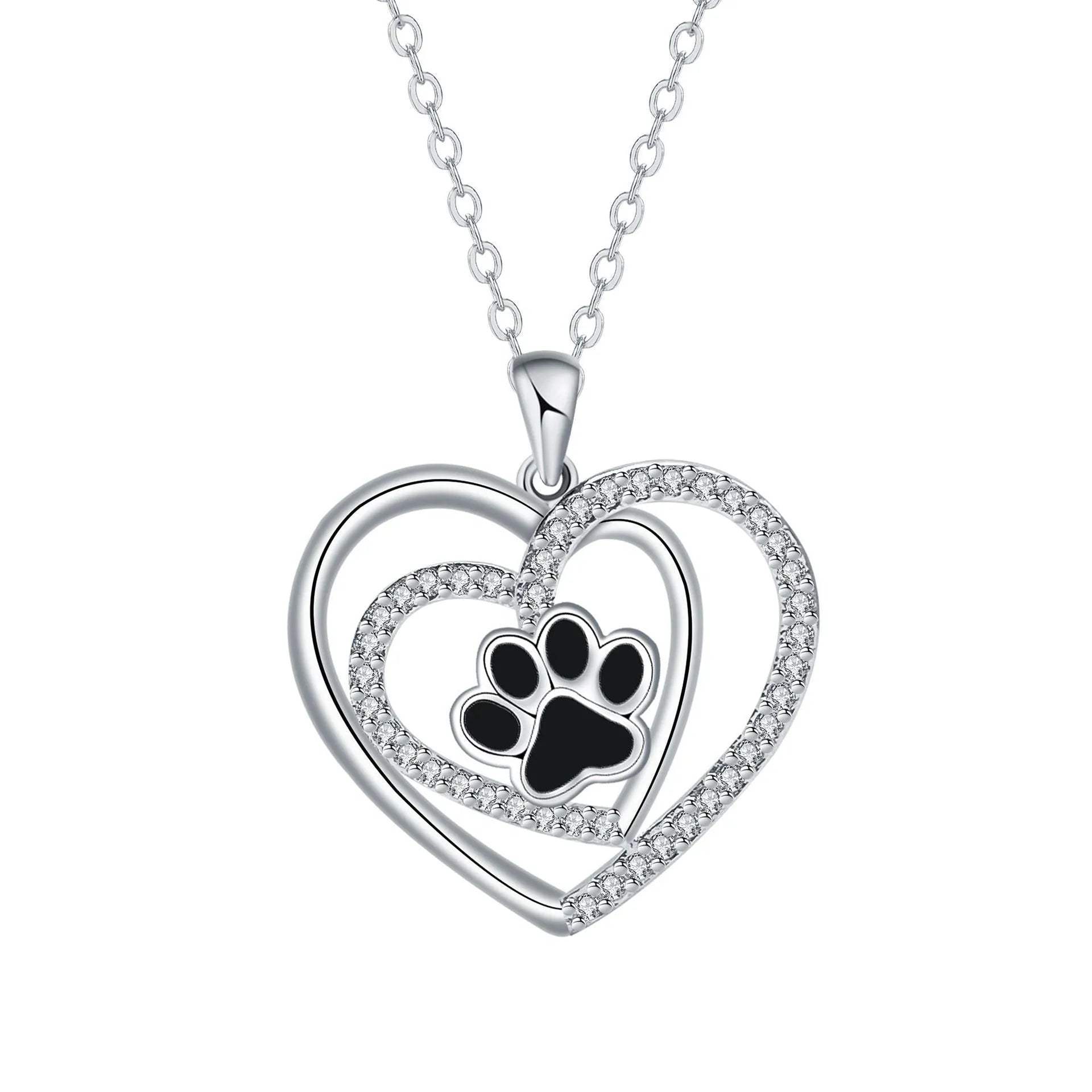 Women's silver tone dog paw prints heart necklace with copper pendant and cross chain