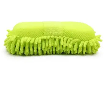 Silvery green microfiber car wash sponge with textured surface measuring 14 by 25 centimetres