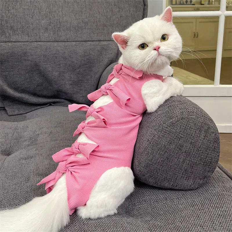 Lace-up cat sterilisation recovery clothing in purple, showing the adjustable fastening and full-body design.