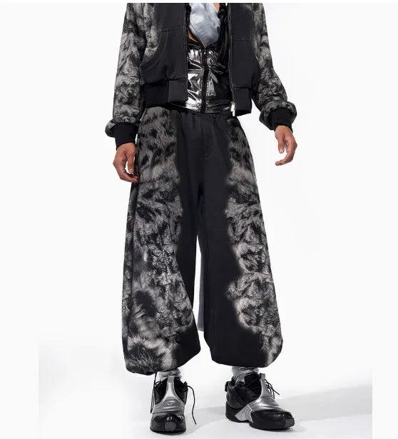 Street trendy printed loose fit co-ord set showing hoodie, trousers and seven-inch pants