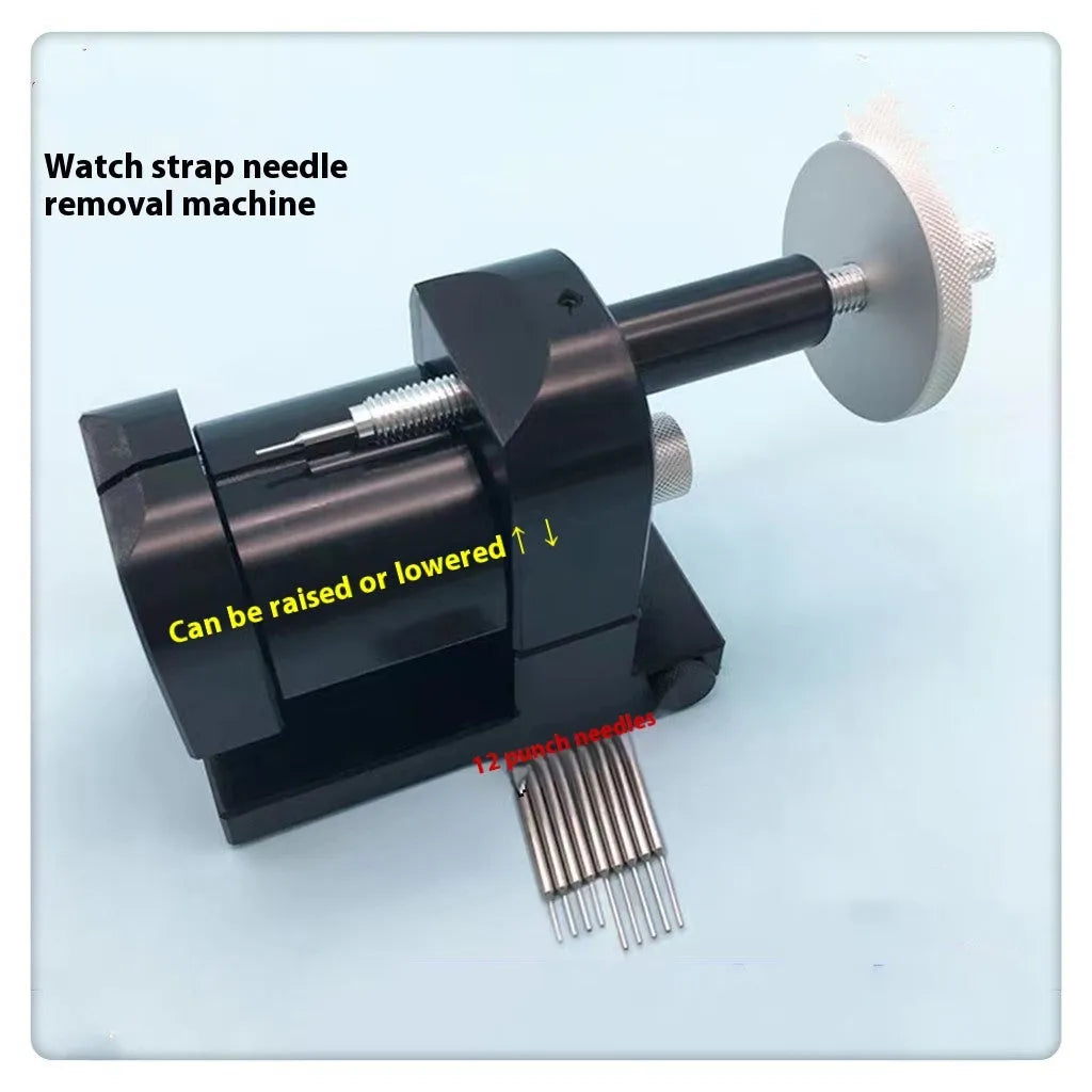 Alloy steel watch strap stripping machine tool for watch repair on a workbench.