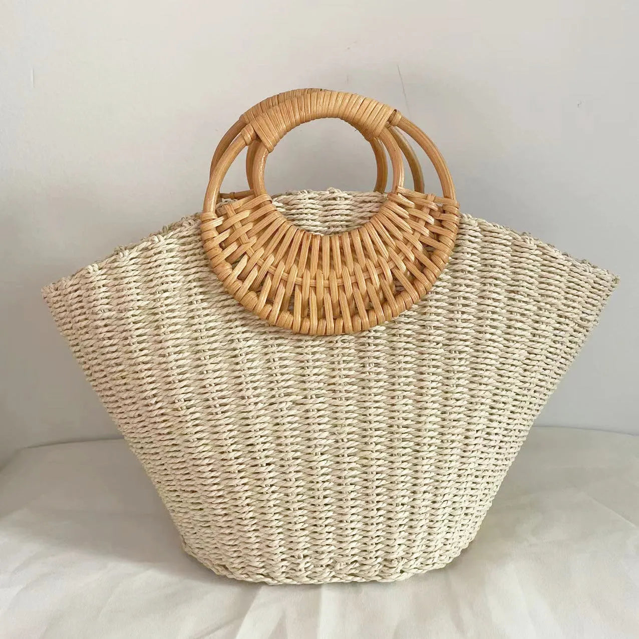 Women's straw weave beach resort bag open top satchel 44cm camel colour retro style
