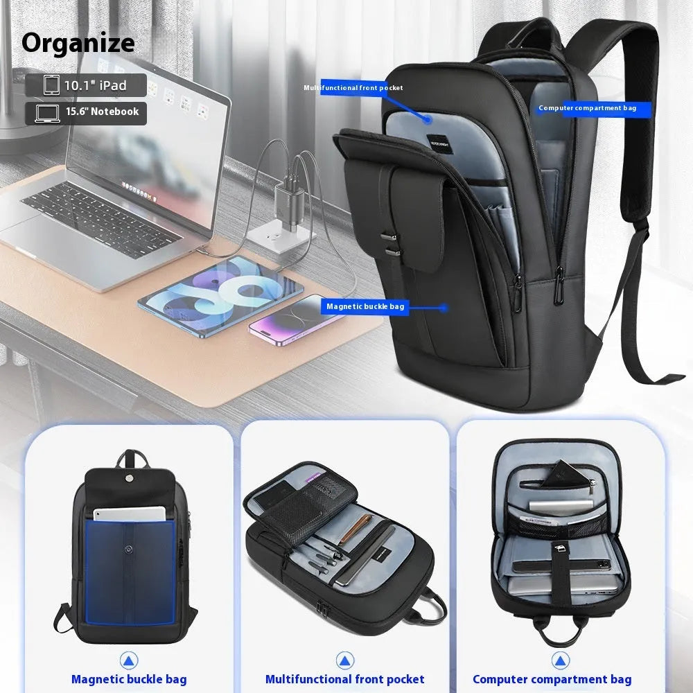 Solid black Oxford cloth backpack with wear-resistant sewing for business commuting