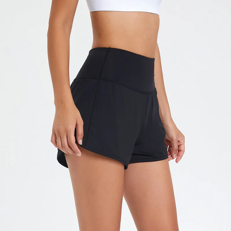 Women's high-waisted quick-drying nylon sports shorts in black, white and water blue colours