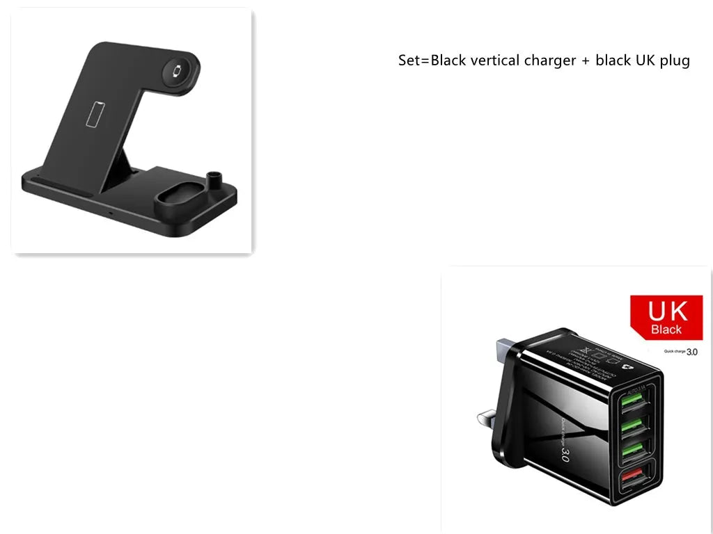 4-in-1 wireless charging station showing phone, Apple Watch, AirPods and Apple Pencil charging simultaneously on adjustable stand