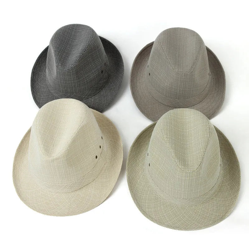 Classic brown suit material fedora hat for men on a grey background.